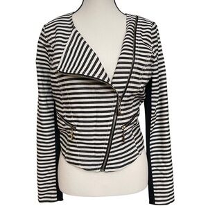 Gibson Latimer Black and White Striped Vertical Zip Slight Shoulder‎ pads Blazer